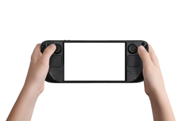 Flat lay or front view of hands holding a black handheld gaming console with isolated screen and transparent background