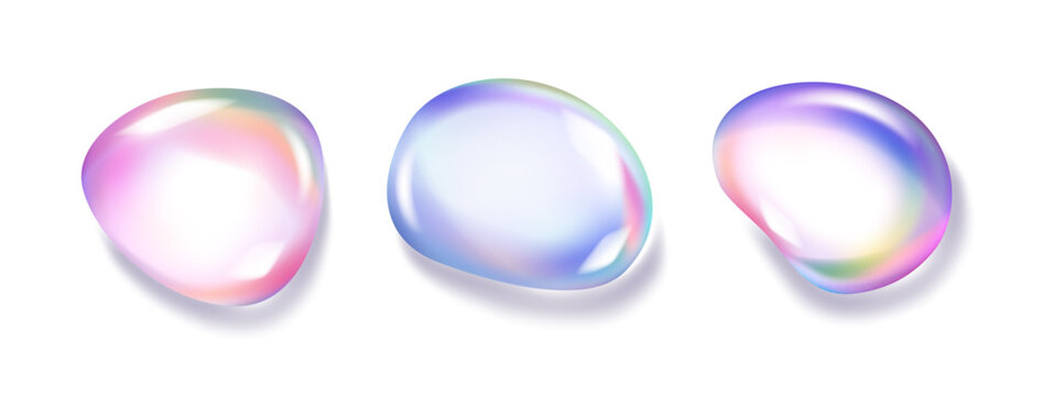 Liquid drop with gradient rainbow effect. Vector isolated realistic set of icons with holographic surface texture. Soap water bubble, abstract rounded shape with chromatic fluid spectrum design