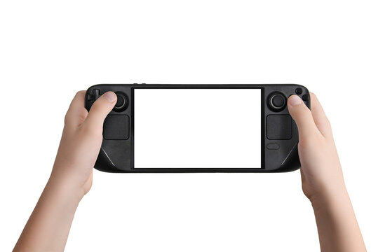 Flat lay or front view of hands holding a black handheld gaming console with isolated screen and transparent background