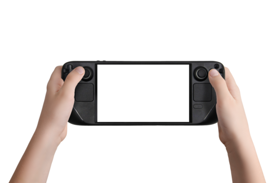 Flat lay or front view of hands holding a black handheld gaming console with isolated screen and transparent background - Powered by Adobe