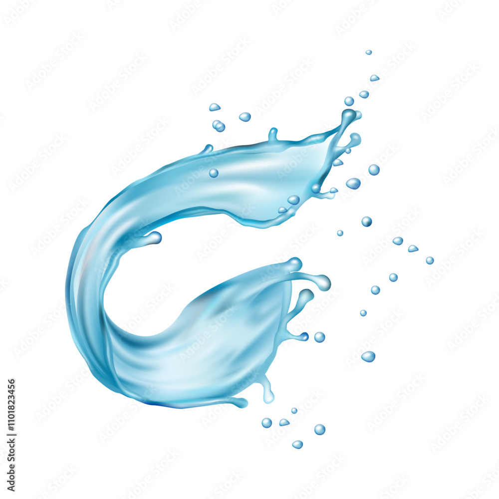 Poster clear aqua falling water, wave swirl with drops, smooth droplets vector illustration. splashing bubb