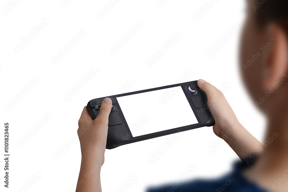 Aufkleber Over the shoulder view of a boy holding a handheld gaming console with isolated screen and transparent background