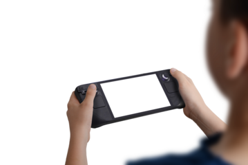 Over the shoulder view of a boy holding a handheld gaming console with isolated screen and transparent background