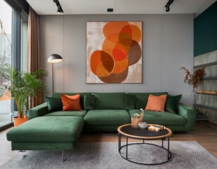 Minimalist, loft interior design of modern elegant living room with neutral green sectional sofa, burnt orange accents, abstract artwork, and cozy textiles.