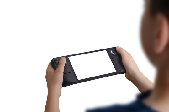 Over the shoulder view of a boy holding a handheld gaming console with isolated screen and transparent background
