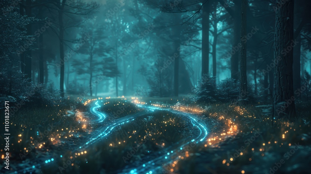 Poster a mystical forest path illuminated by glowing lights amidst trees and foliage.