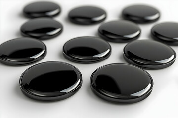 Glossy Black Discs Abstract Background, Circular Elements Arranged on a White Surface, Creating a Modern and Elegant Design.