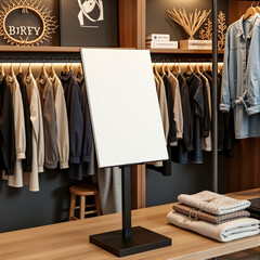 Blank White Sign Mockup on Wooden Table in Clothing Store