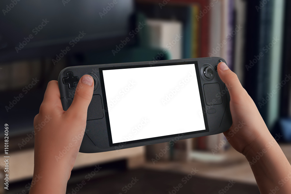 Poster close-up of a handheld gaming console mockup, hands holding it, blurred living room background with 