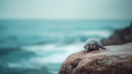 A turtle on a rocky shore with ocean waves in the background.