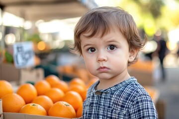 Fototapeta premium A young child holding a box of oranges