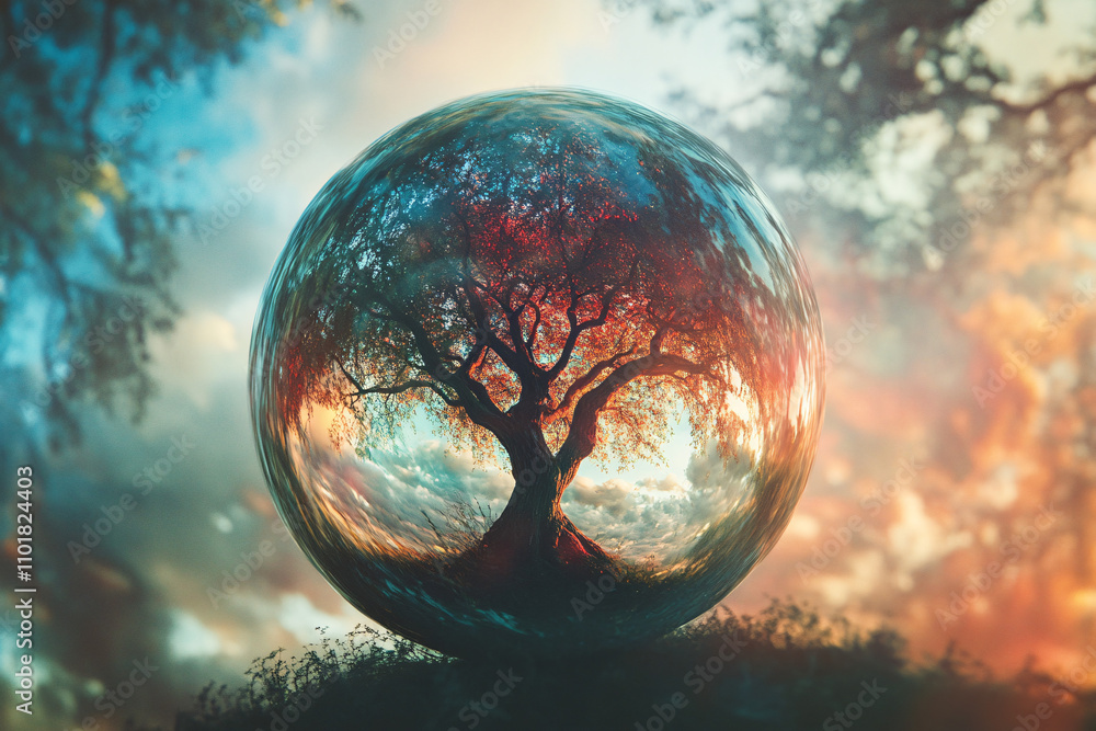 Poster a mystical ancient tree is enclosed within a reflective glass sphere surrounded by warm glowing ligh