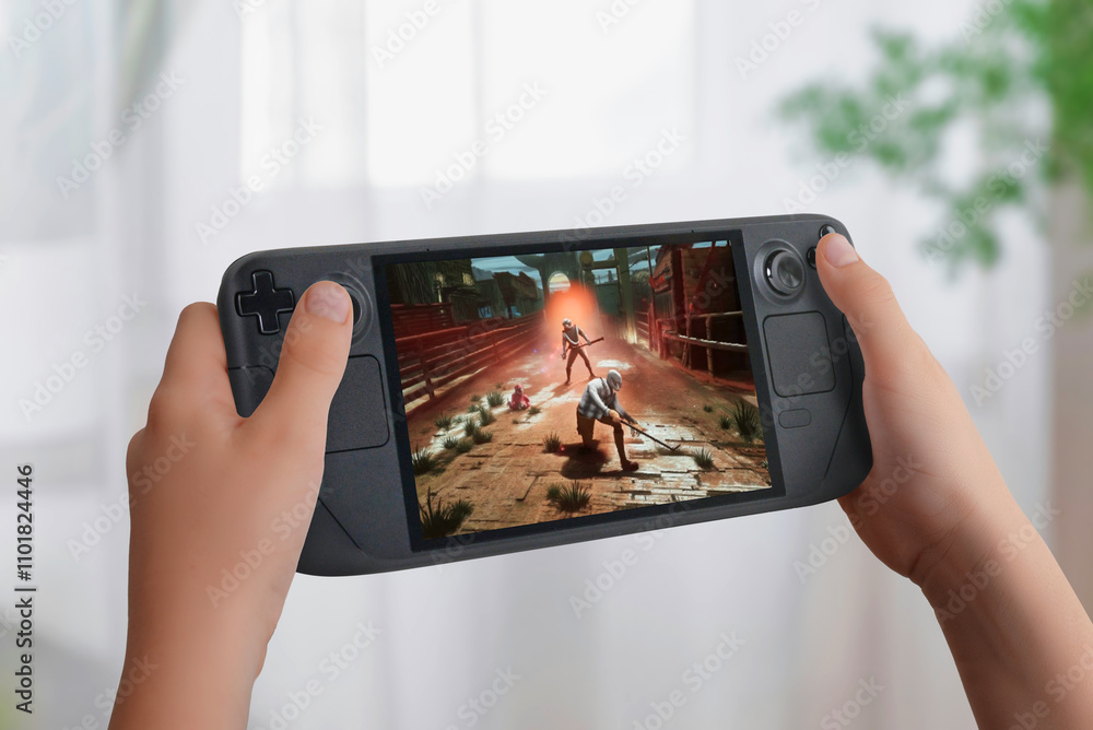 Aufkleber Child holding a handheld gaming console displaying an action game, emphasizing the concept of usability and growth of compact consoles in the global market