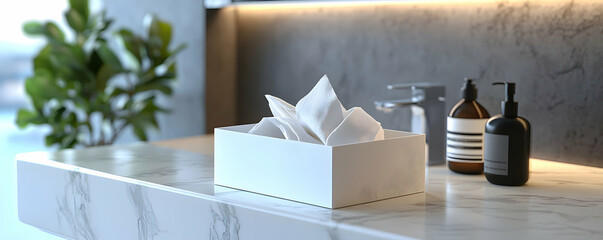 Modern Bathroom Still Life, White Tissue Box on Marble Countertop with Greenery and Soap Dispensers