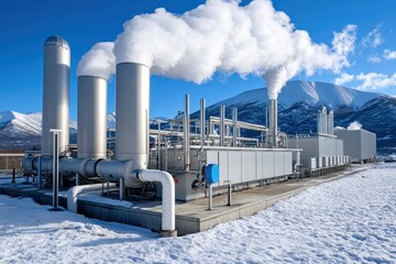 Geothermal power plant with large steam vents surrounded by snow and mountains, showcasing clean energy in a cold climate.