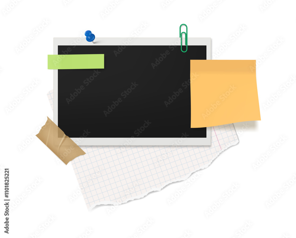 Poster mockup of empty realistic film snapshot picture, notes for photographer modern photo frame. vector c