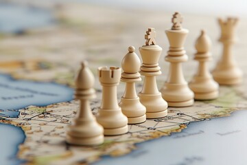 Wooden chess pieces arranged on a detailed world map, symbolizing global strategy, planning, and international relations.