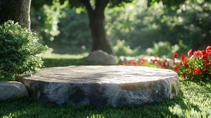 Obraz premium A large, round stone platform sits in a lush green meadow, surrounded by trees and flowers. The platform is perfect for displaying products or showcasing nature.