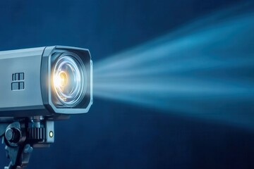 Close-up of a digital projector emitting a bright beam of light, casting a blue glow in a dark room.