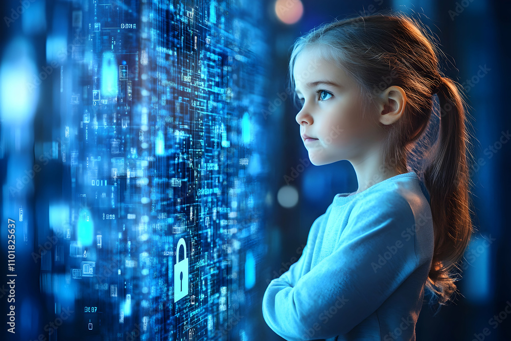Poster child observing digital security, abstract blue background with data streams and a lock icon, illust