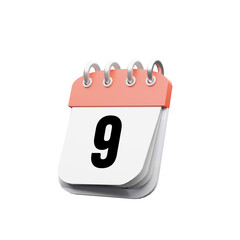 3D simple calendar icon date 9th isolated on Transparent Png Background. 3d illustration icon of calendar