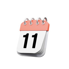 3D simple calendar icon date 11th isolated on Transparent Png Background. 3d illustration icon of calendar