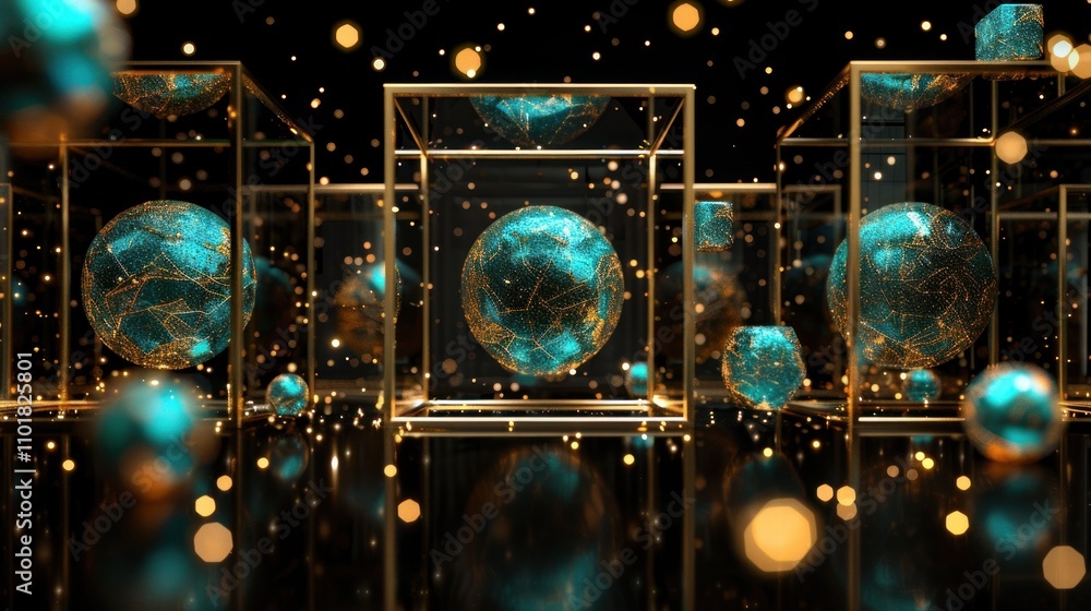 Aufkleber a futuristic scene with glowing spheres in golden frames, creating a mystical atmosphere.