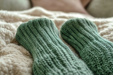 Fototapeta premium A pair of green socks lying on a bed, possibly left behind by someone