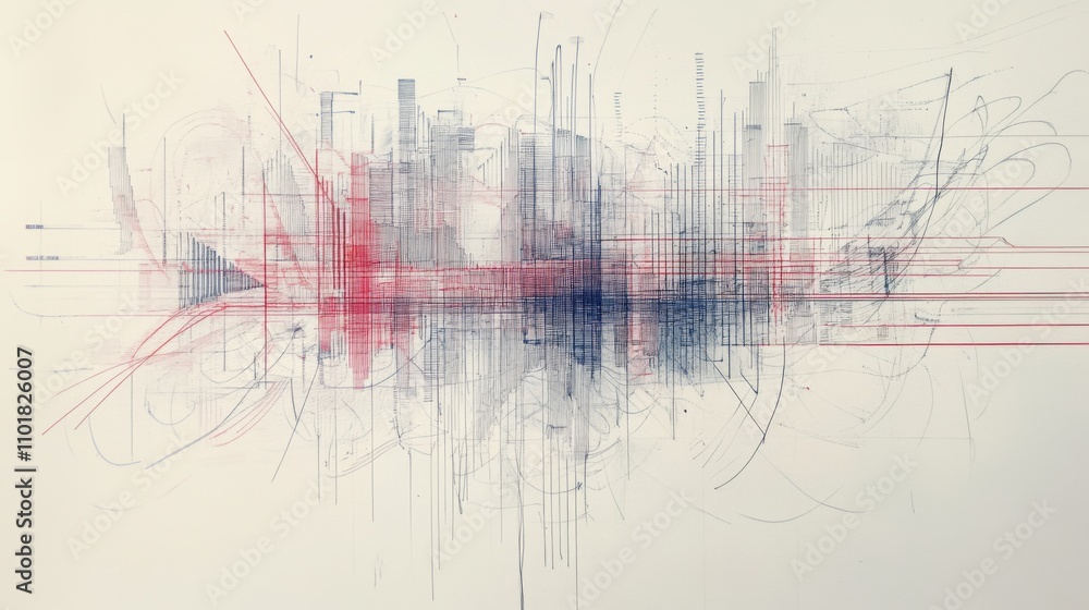 Poster pencil-sketched data graph with red and blue lines,