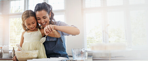 Baking, mom and fun with child, home and mixing of ingredients, bonding and happy family in kitchen. House, banner and baker with daughter, learning and recipe for dessert, love and parent with kid