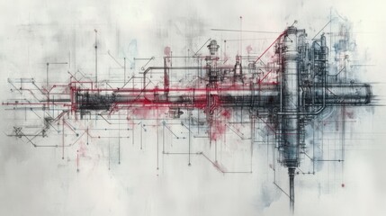 Pencil sketch of data chart with red and blue line highlights,