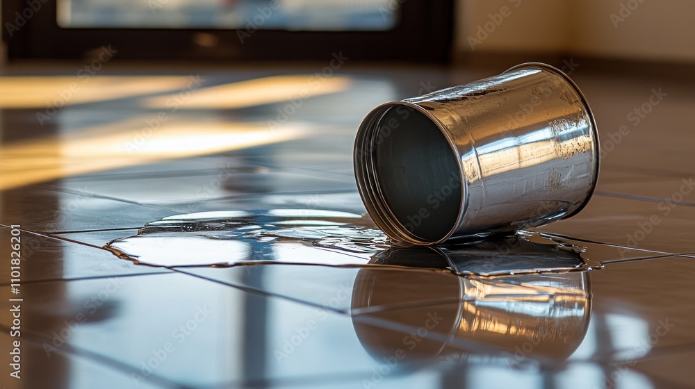 Poster a spilled paint can on a tiled floor, reflecting light and creating a shiny surface.