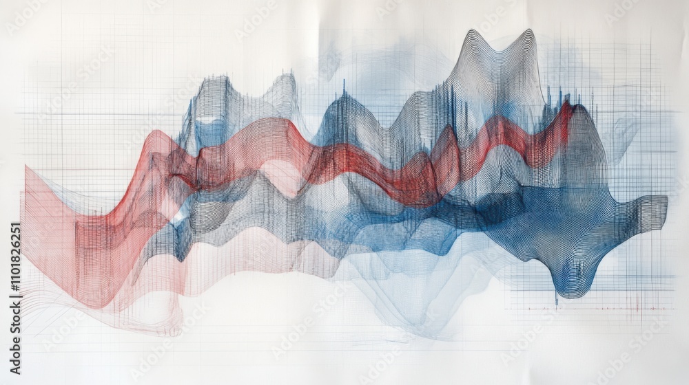 Poster pencil-sketched data graph with red and blue lines,