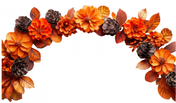 Beautiful autumn floral arrangement featuring orange flowers and pinecones on a transparent background for creative designs