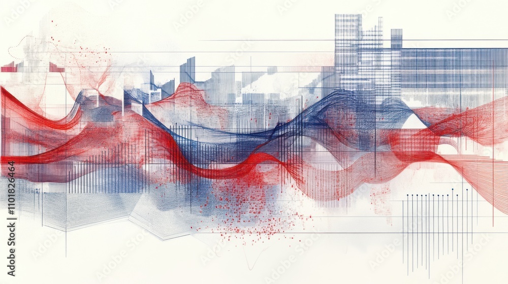 Poster pencil-sketched data graph with red and blue lines,