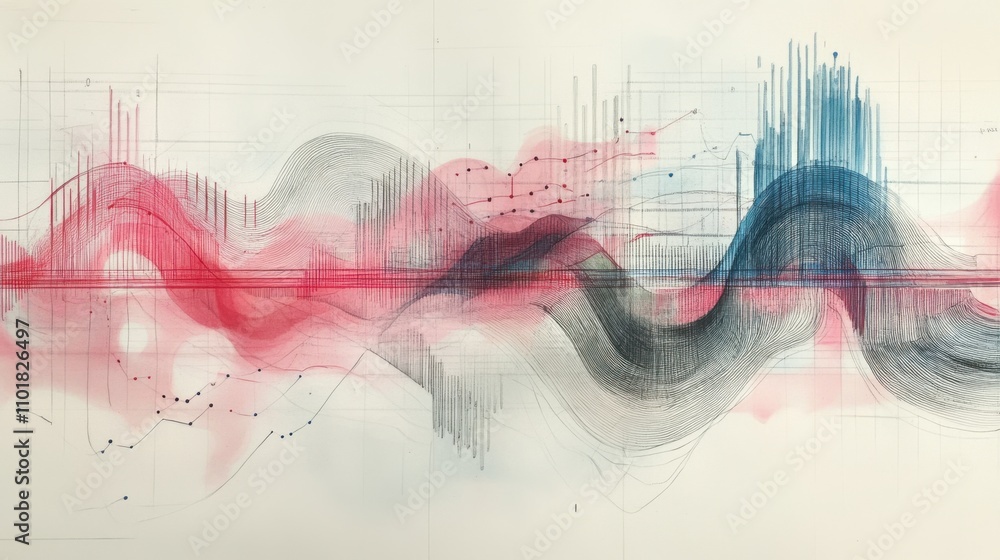 Poster pencil-sketched data graph with red and blue lines,