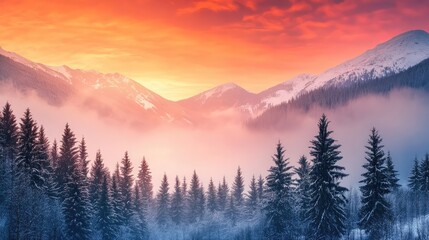 Obraz premium Beautiful Nature Background with Red-Orange Gradient Sky and Pine Forest in Winter