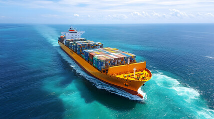 Container Ship Sailing on Vivid Ocean Waters, A Maritime Vessel Transports Cargo Across the Deep Blue Sea Under a Bright Sunny Sky