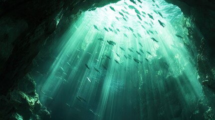 A school of fish passing through a cave opening, with light beams filtering through the water.