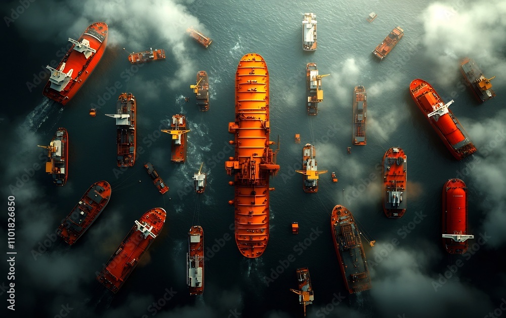 Poster sprawling offshore petroleum and natural gas transshipment hub with enormous tanker vessels docked a