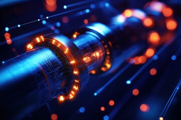 A futuristic metallic structure illuminated by blue and orange lights, suggesting advanced technology and dynamic energy flow.