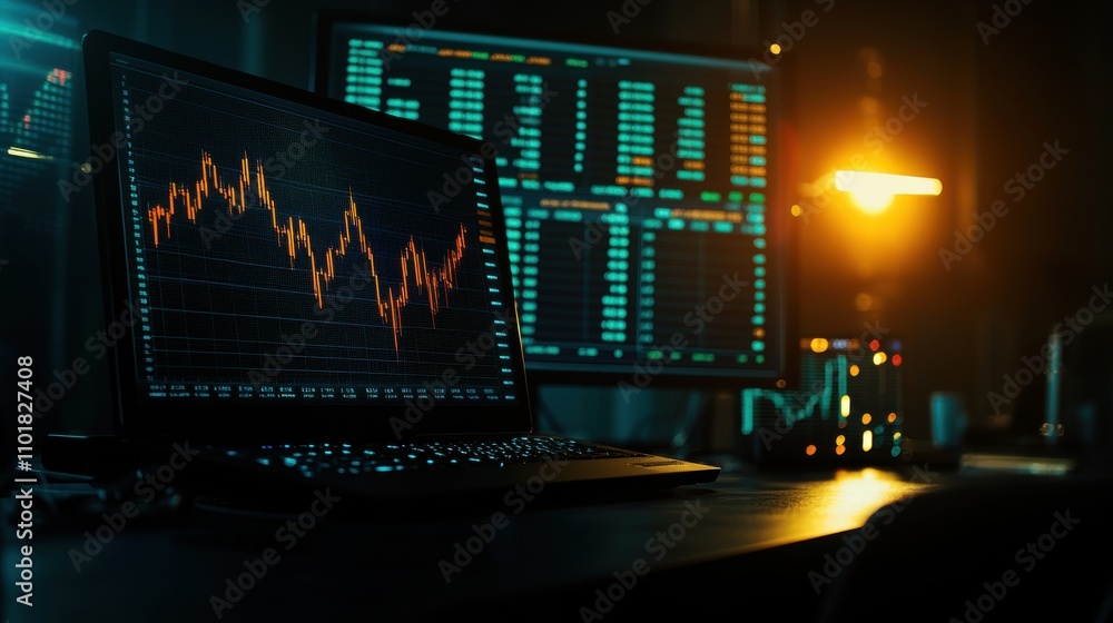 Poster a dimly lit workspace featuring a laptop displaying stock market data with graphs and charts, surrou