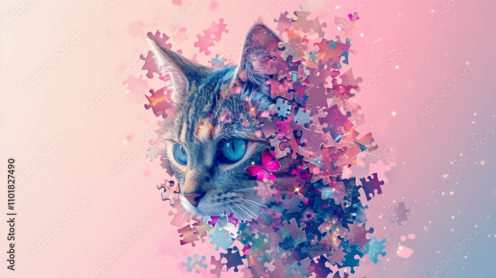 Poster a creative and whimsical portrayal of a cat, composed of colorful floating puzzle pieces that form i