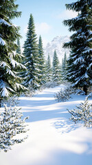 serene winter landscape featuring snow covered evergreen trees, creating peaceful atmosphere in national forest. sunlight gently illuminates snowy path, inviting exploration