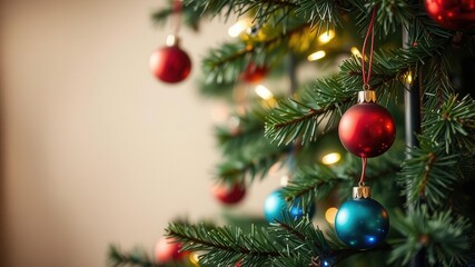 Fototapeta premium Close-up view of Christmas tree branches intertwined with twinkling lights and colorful ornaments, festive season, colorful ornaments
