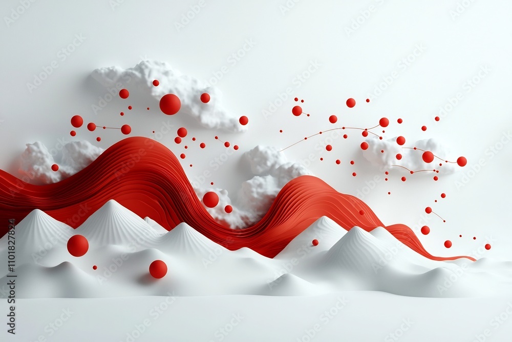 Poster dramatic abstract landscape featuring a visually striking wave like pattern of red dots and lines ac