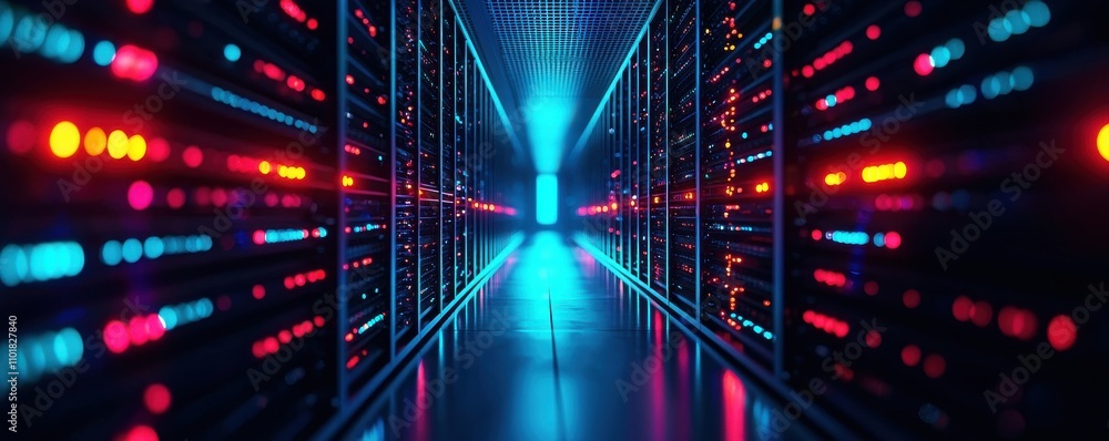 Poster a futuristic data center corridor illuminated by colorful lights, showcasing rows of servers, evokin