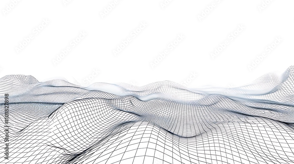 Poster a 3d wireframe landscape depicting abstract waves and contours, emphasizing depth and structure in a