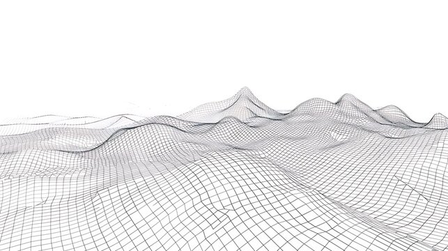 A 3D wireframe representation of undulating terrain, illustrating a conceptual landscape in a minimalist design.