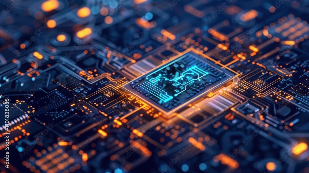 Poster a close-up of a microchip on a circuit board, showcasing technology and innovation.